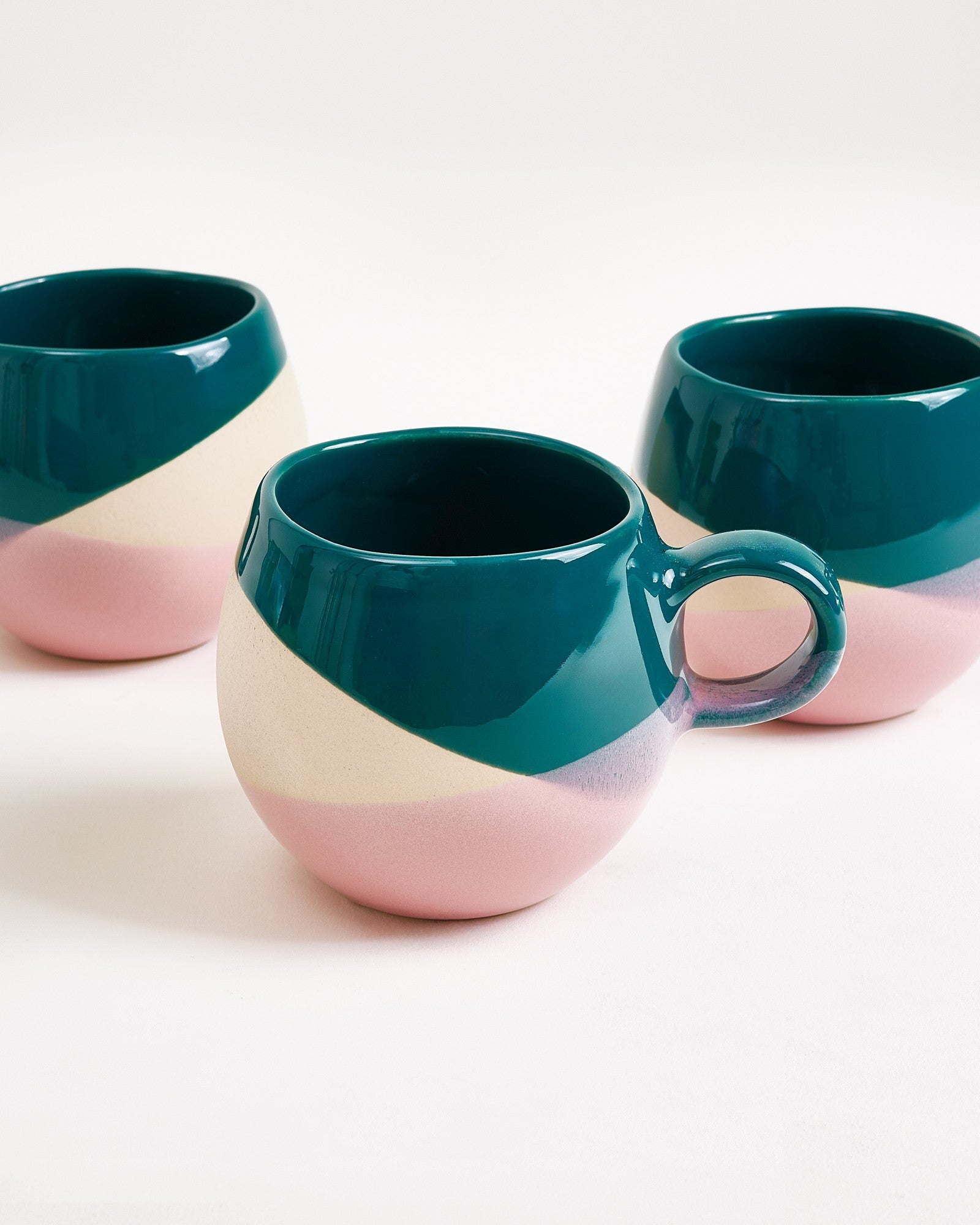 Small Deep Green Sand Pink Ceramic Mug Set of