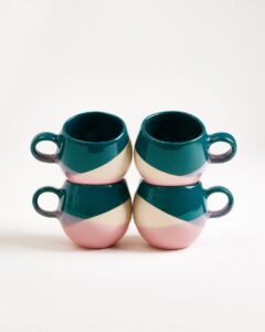 Small Deep Green Sand Pink Ceramic Mug Set of
