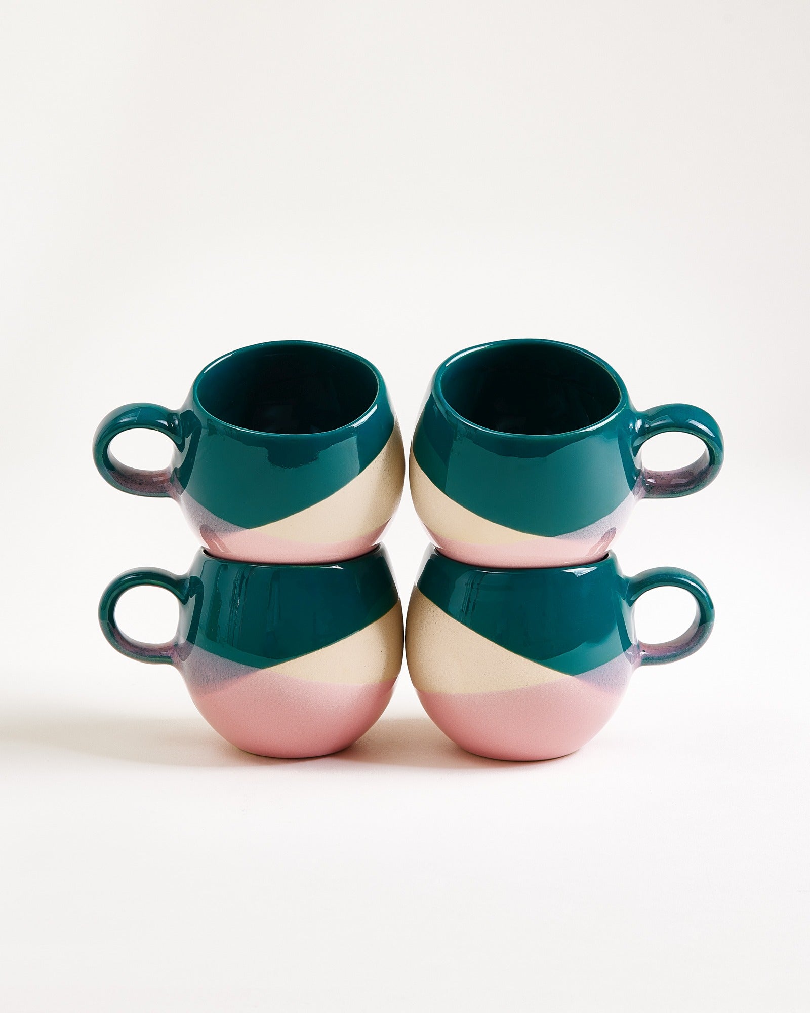 Small Deep Green Sand Pink Ceramic Mug Set of