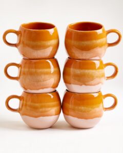 Large Orange Ceramic Mug Set of Six
