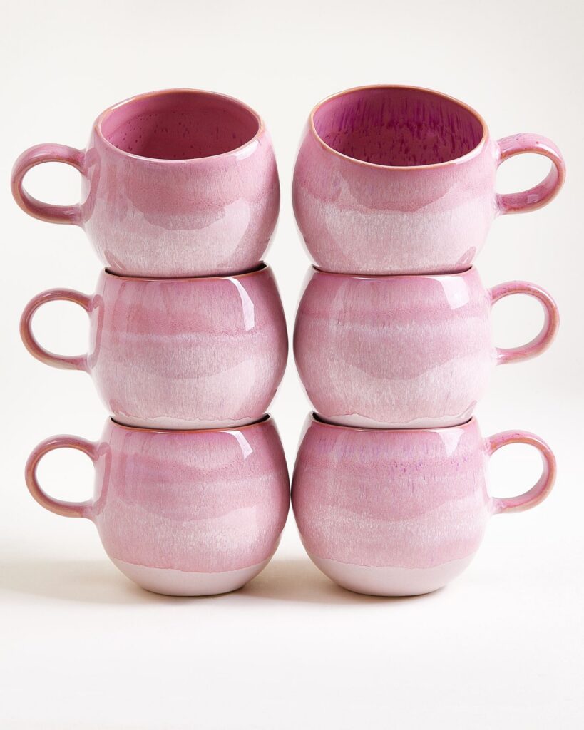 Large Everyday Pink Ceramic Mug Set of Six