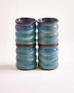 Large Bubble Green Blue Ceramic Cup Set of Four