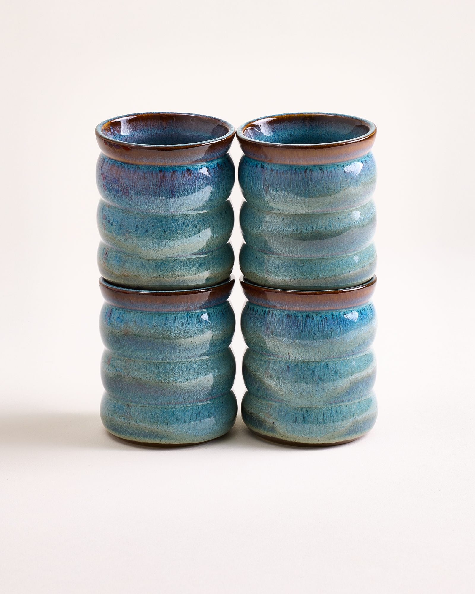 Large Bubble Green Blue Ceramic Cup Set of Four