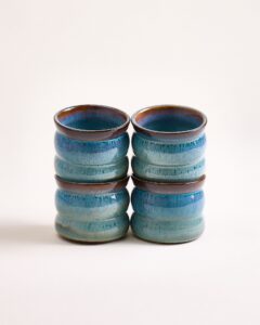 Small Bubble Green Blue Ceramic Cup Set of Four