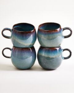 Large Green Blue Ceramic Mug Set of Four