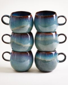 Large Green Blue Ceramic Mug Set of Six