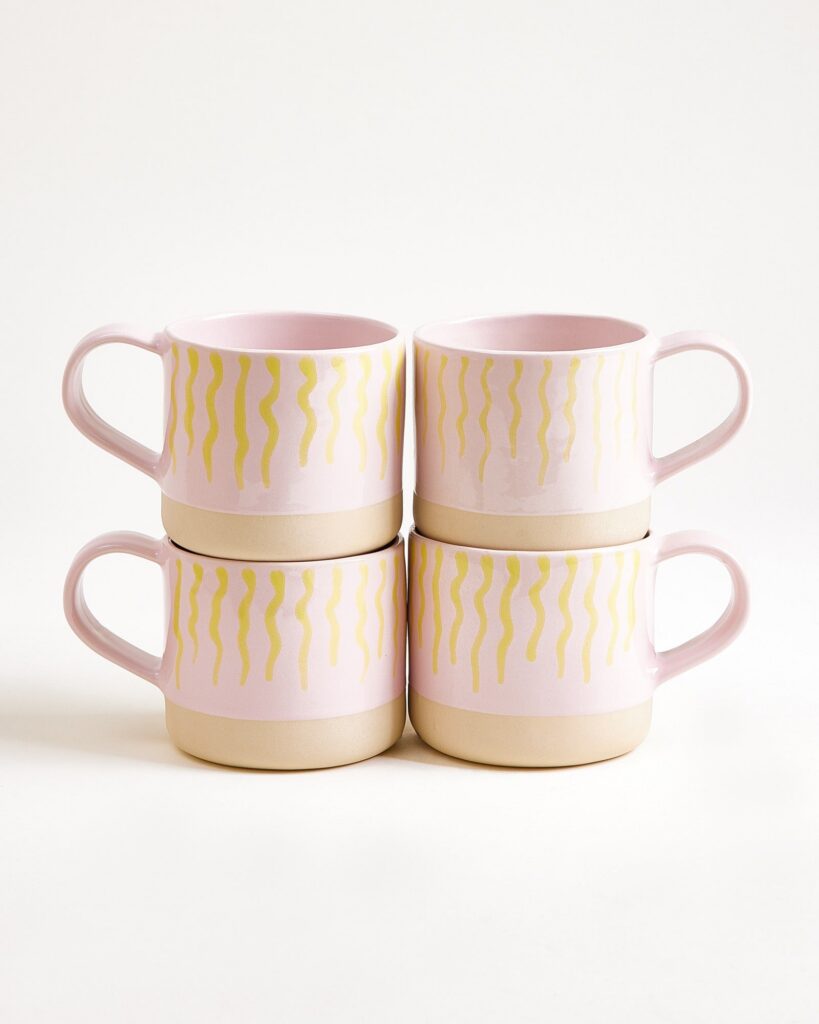 Large Striped Pink Yellow Ceramic Mug Set of Four