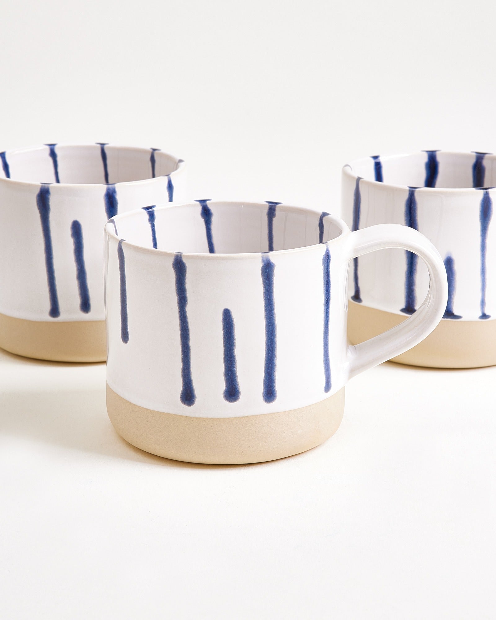 Large Striped White Blue Ceramic Mug Set of Six