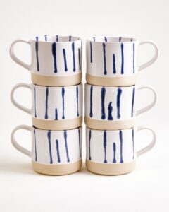 Large Striped White Blue Ceramic Mug Set of Six
