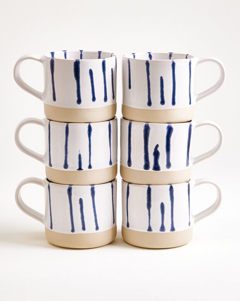 Large Striped White Blue Ceramic Mug Set of Six