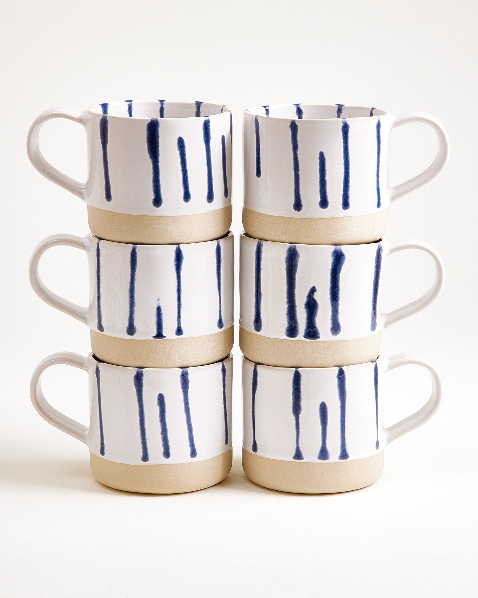 Large Striped White Blue Ceramic Mug Set of Six