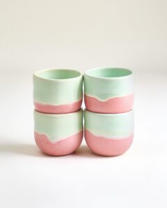 Large Lime Pink Ceramic Cup Set of Four