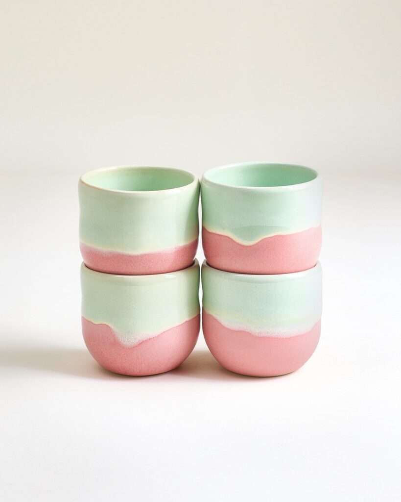 Large Lime Pink Ceramic Cup Set of Four