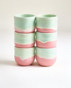 Large Lime Pink Ceramic Cup Set of Six