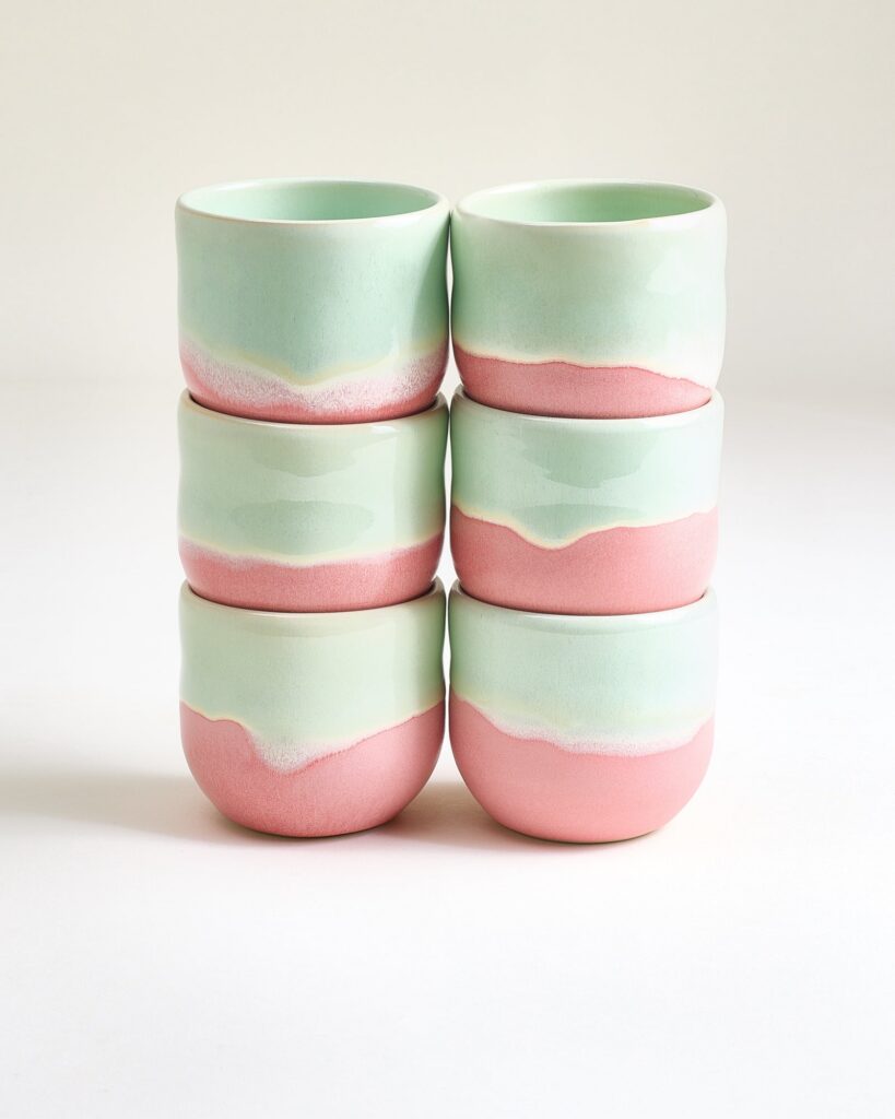 Large Lime Pink Ceramic Cup Set of Six