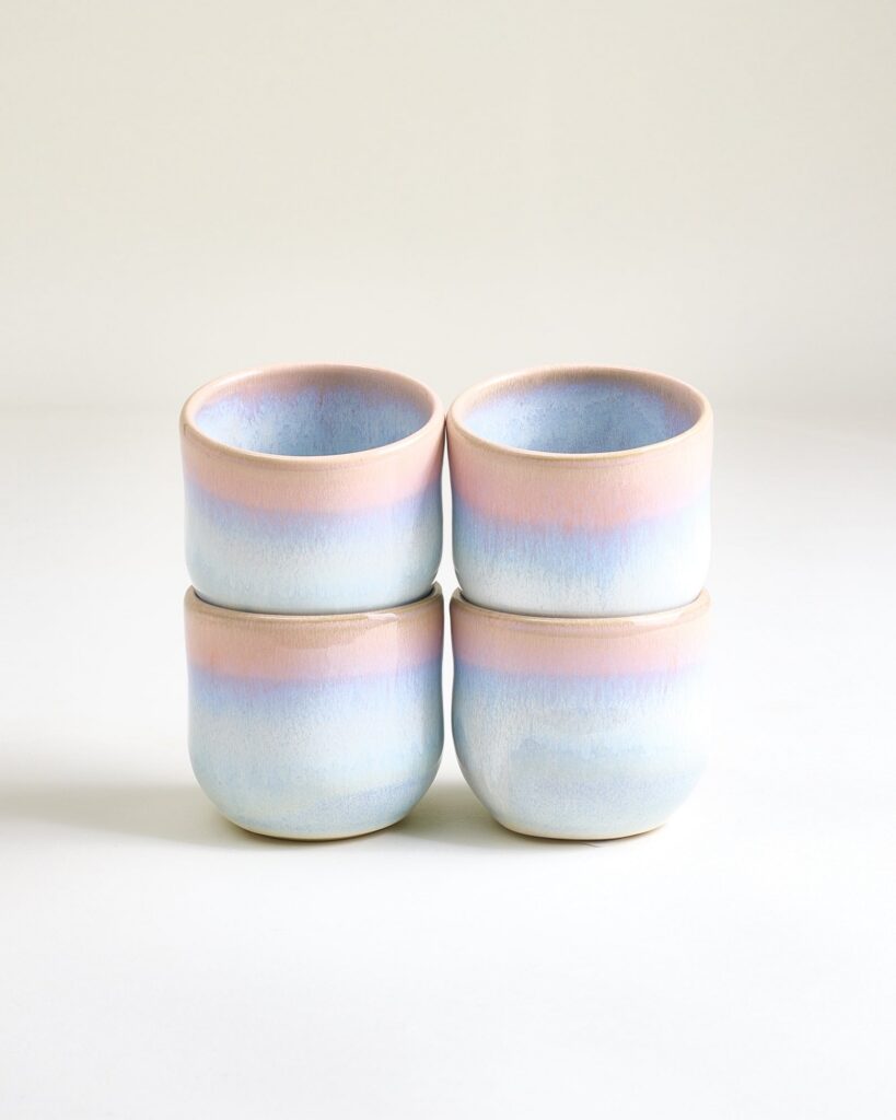 Large Rose Blue Ceramic Cup Set of Four