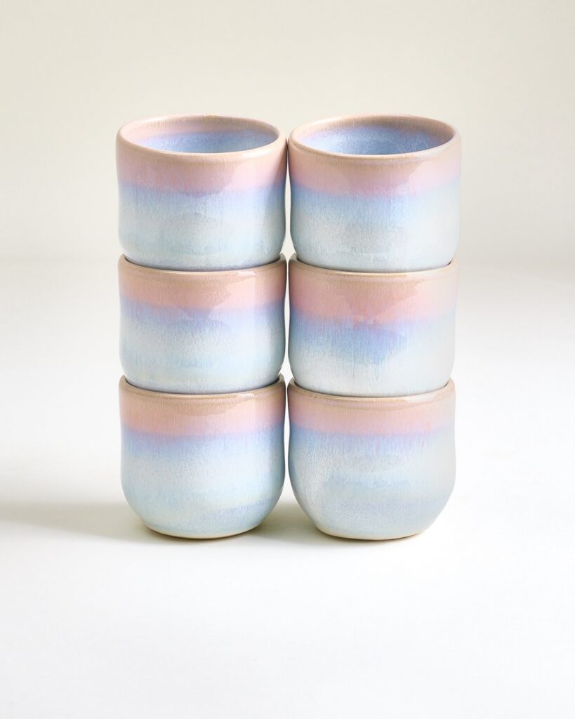 Large Rose Blue Ceramic Cup Set of Six