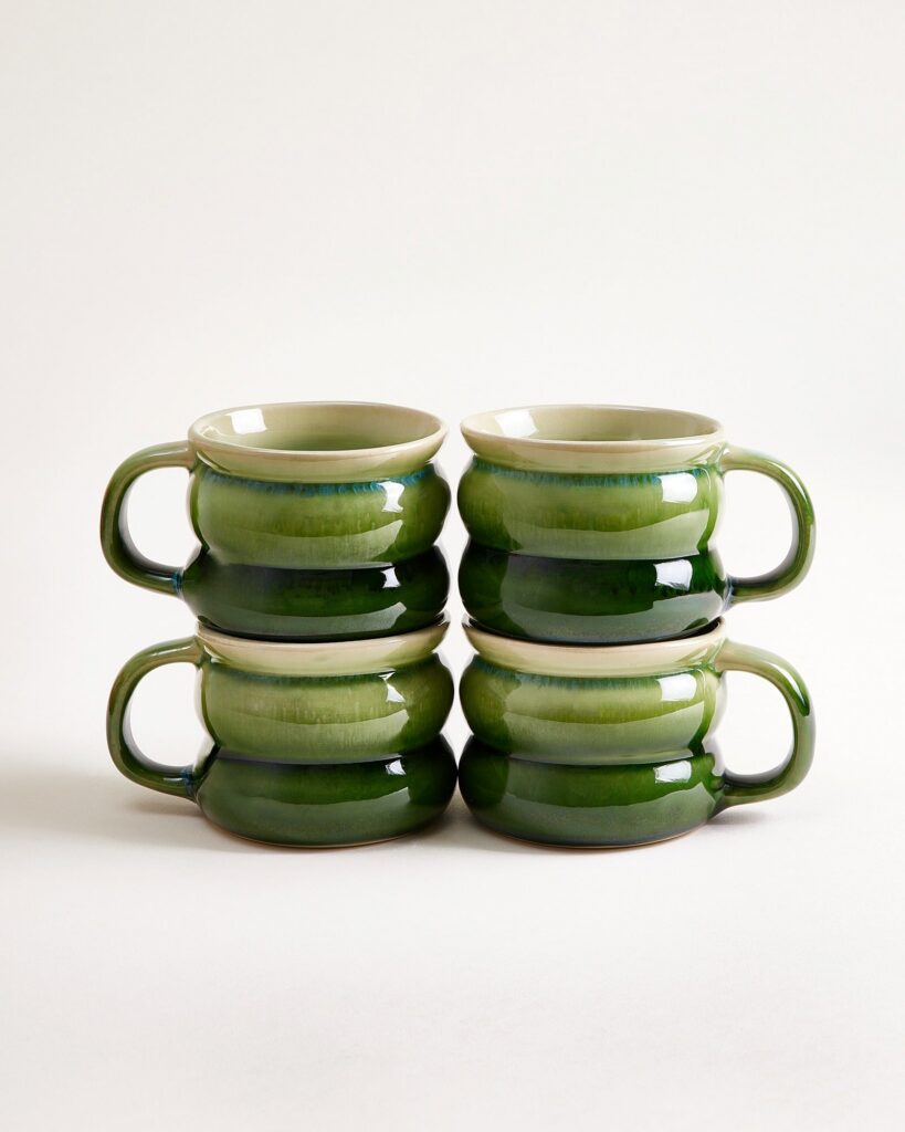 Small Bubble Green Deep Ceramic Mug Set of Four
