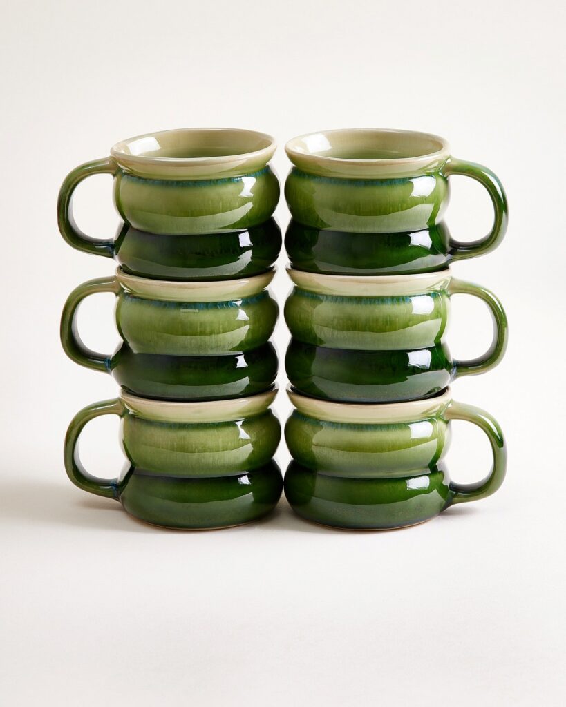 Small Bubble Green Deep Ceramic Mug Set of Six