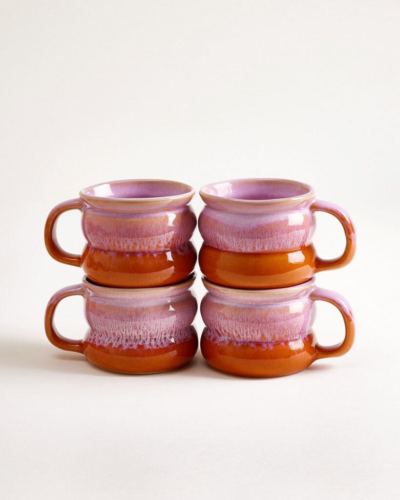 Small Bubble Pink Orange Ceramic Mug Set of Four